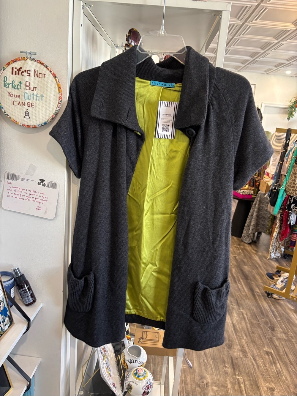 Alice + Olivia Charcoal Knit button Cardigan with Lime Green Lining
